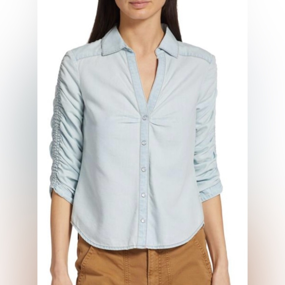 VERONICA BEARD PORTA RUCHED SLEEVE CHAMBRAY TOP, SIZE 12.